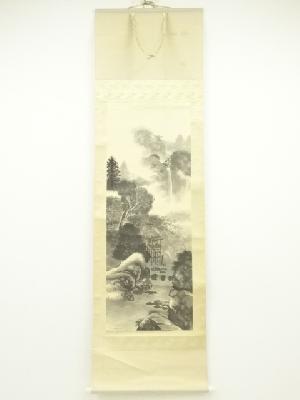 魚洲筆　水墨山水　肉筆絹本掛軸（保護箱）